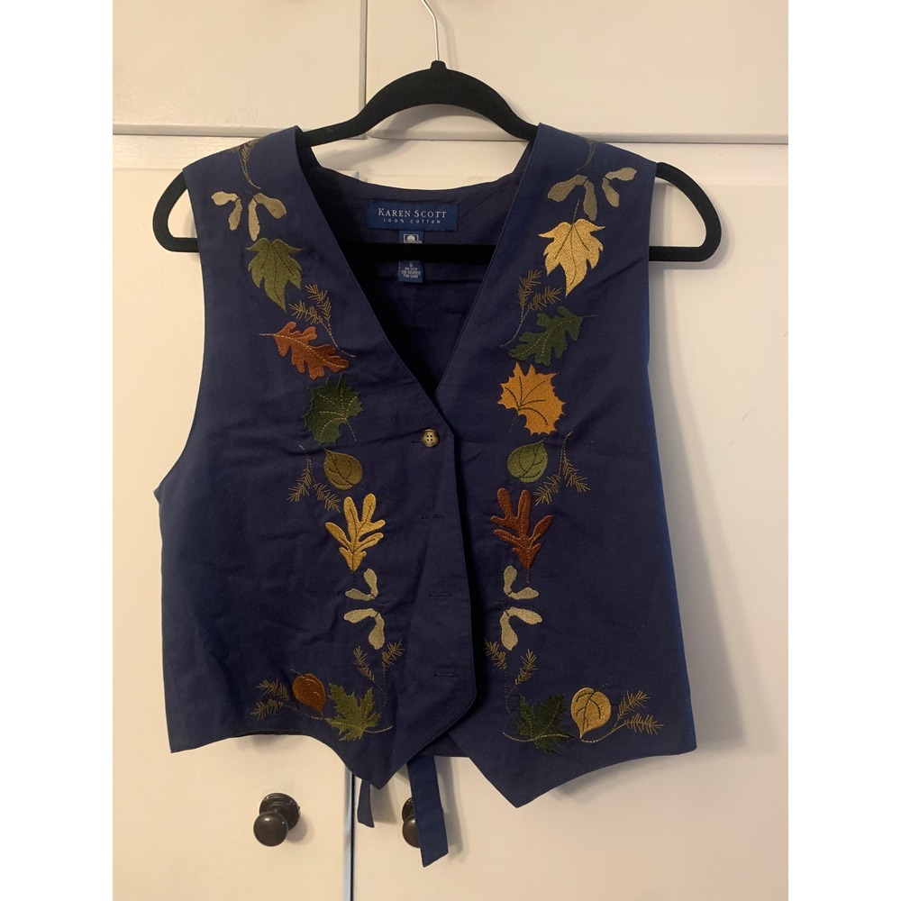 Karen Scott Fall Embroidered Leaves Navy Blue Cotton‎ Vest Womens Small